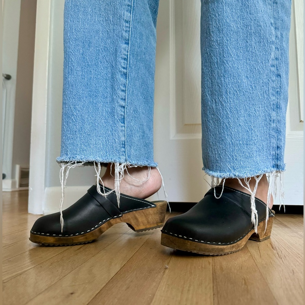 Classic Black Leather Clogs with Wood Sole